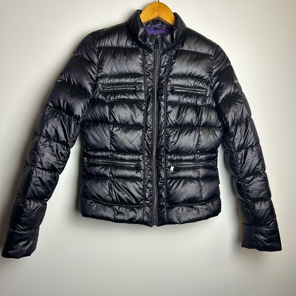 Y2K Bebe Down Puffer Bomber Jacket Women's Sp Black Shiny Purple inside pocket - Picture 2 of 16